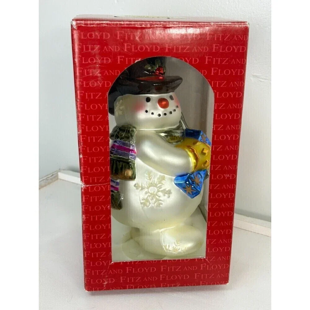 Vintage Fitz And Floyd Frosty Flakes Snowman Large Hand Blown Glass Ornament Rk